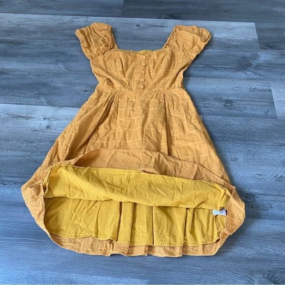 ModCloth Smocked Dress Mustard Yellow Embroidered Medium With Pockets Fe… - Picture 5 of 11